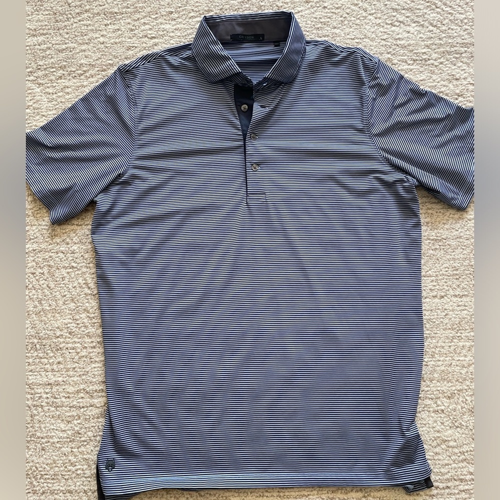 Greyson Polo, Mens size Large, Navy/Grey Stripes